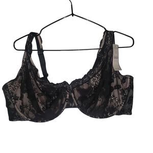 Cacique Bold Lace Full Coverage Underwire Bra Black Nude 46DDD NWT